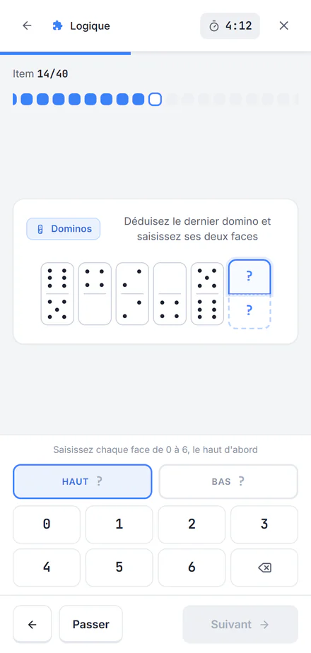 Entraînement ciblé de Logique sur mobile : suite de dominos à compléter